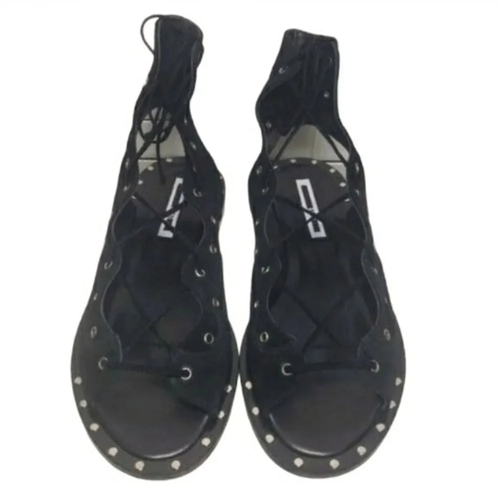 McQ Alexander McQueen Black Open Toe Lace Up Flats - Picture 5 of 12
